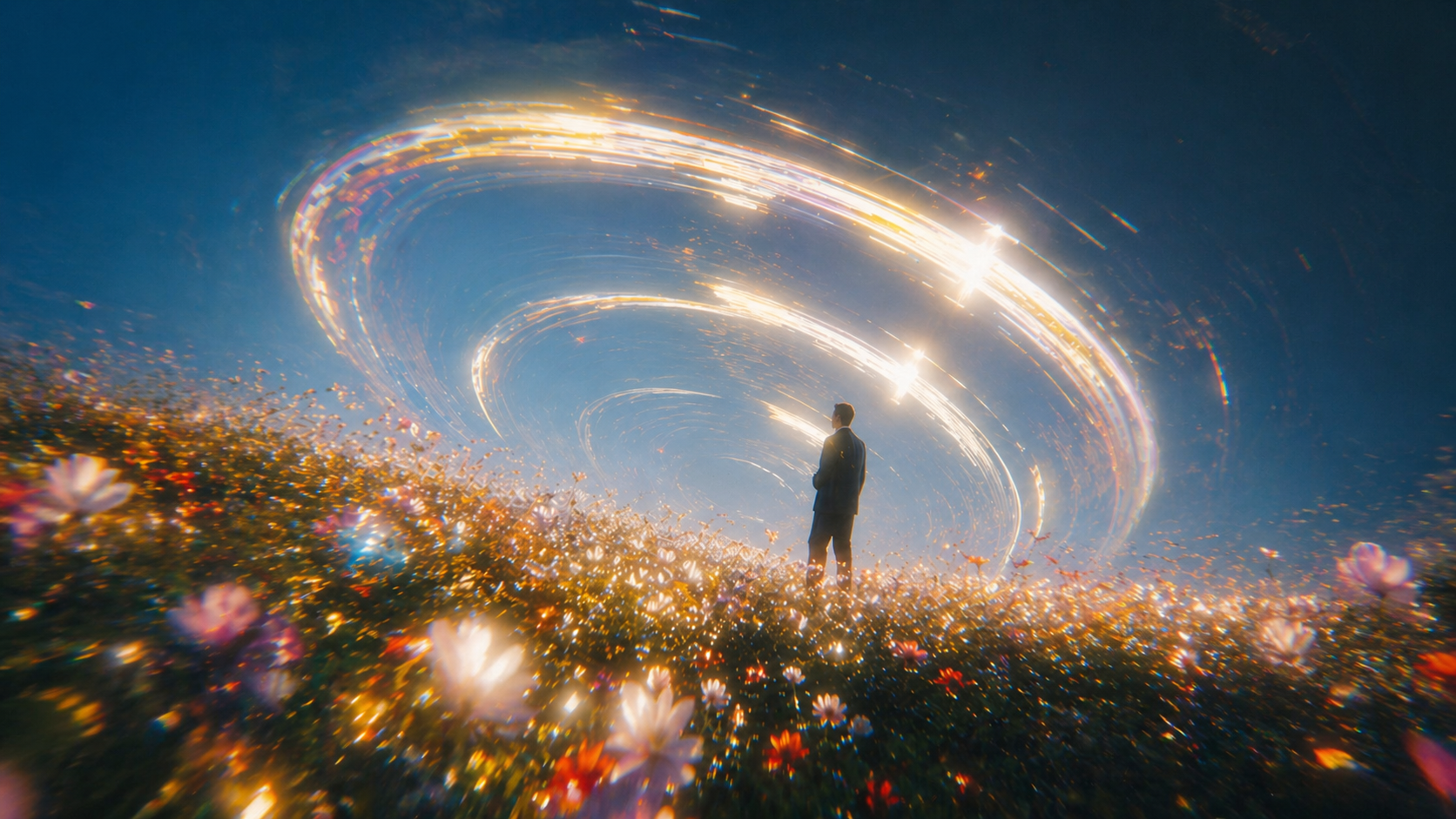 Person in cosmic flower field