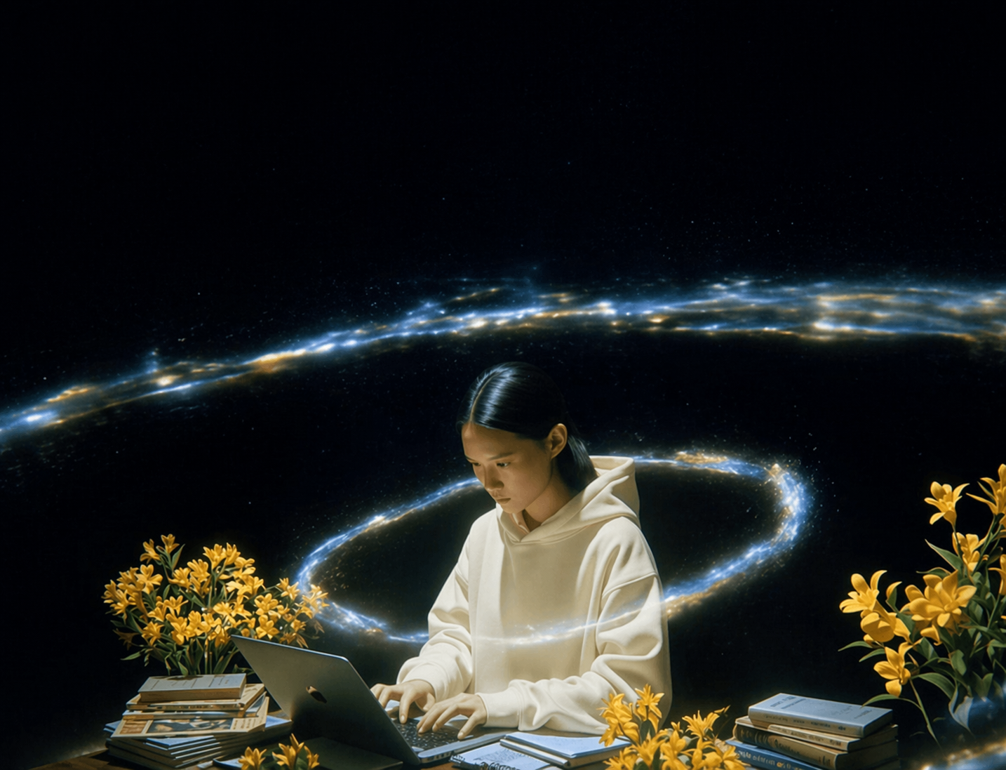 Person working in cosmic setting